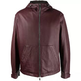 Mens Maroon Hooded Leather Zip Up Jacket | Lightweight Jacket Bomber